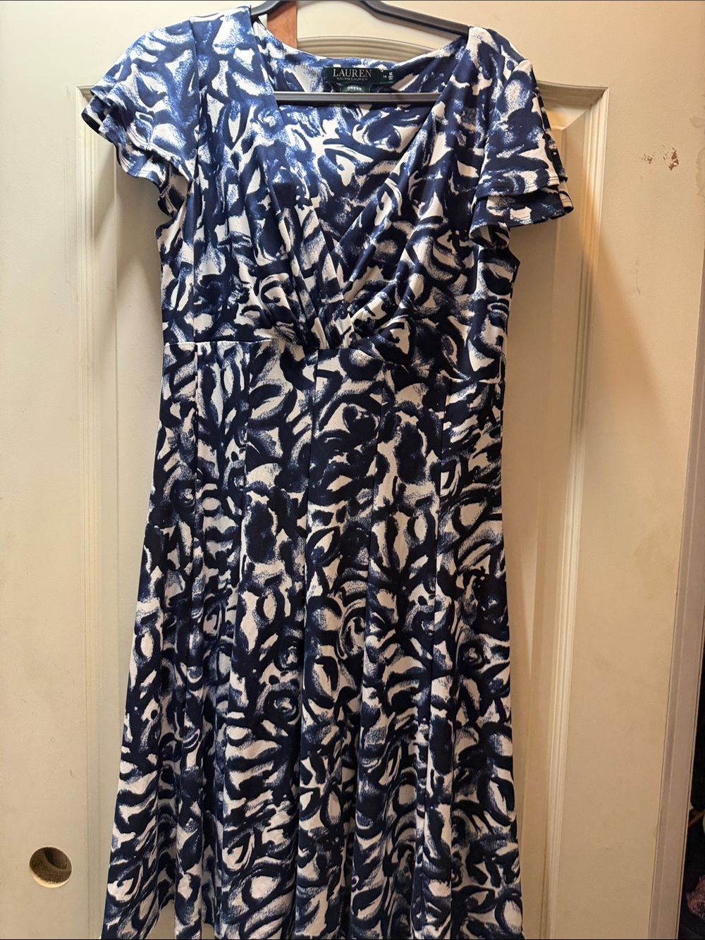Lauren Ralph Lauren Navy & White Abstract Floral Faux-Wrap Midi Dress